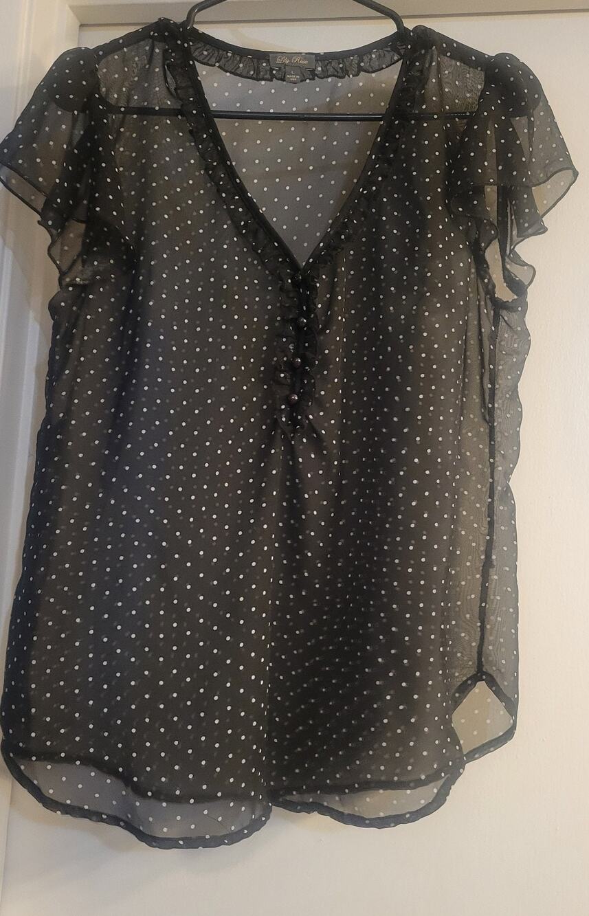 Lily Rose Women’s L Black Sheer Polka Dot Ruffle Blouse V Neck Made in USA